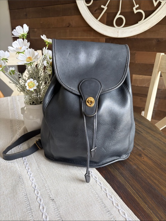 Coach Handbags - Vintage 1996 Coach Black Leather Drawstring Backpack  #9943